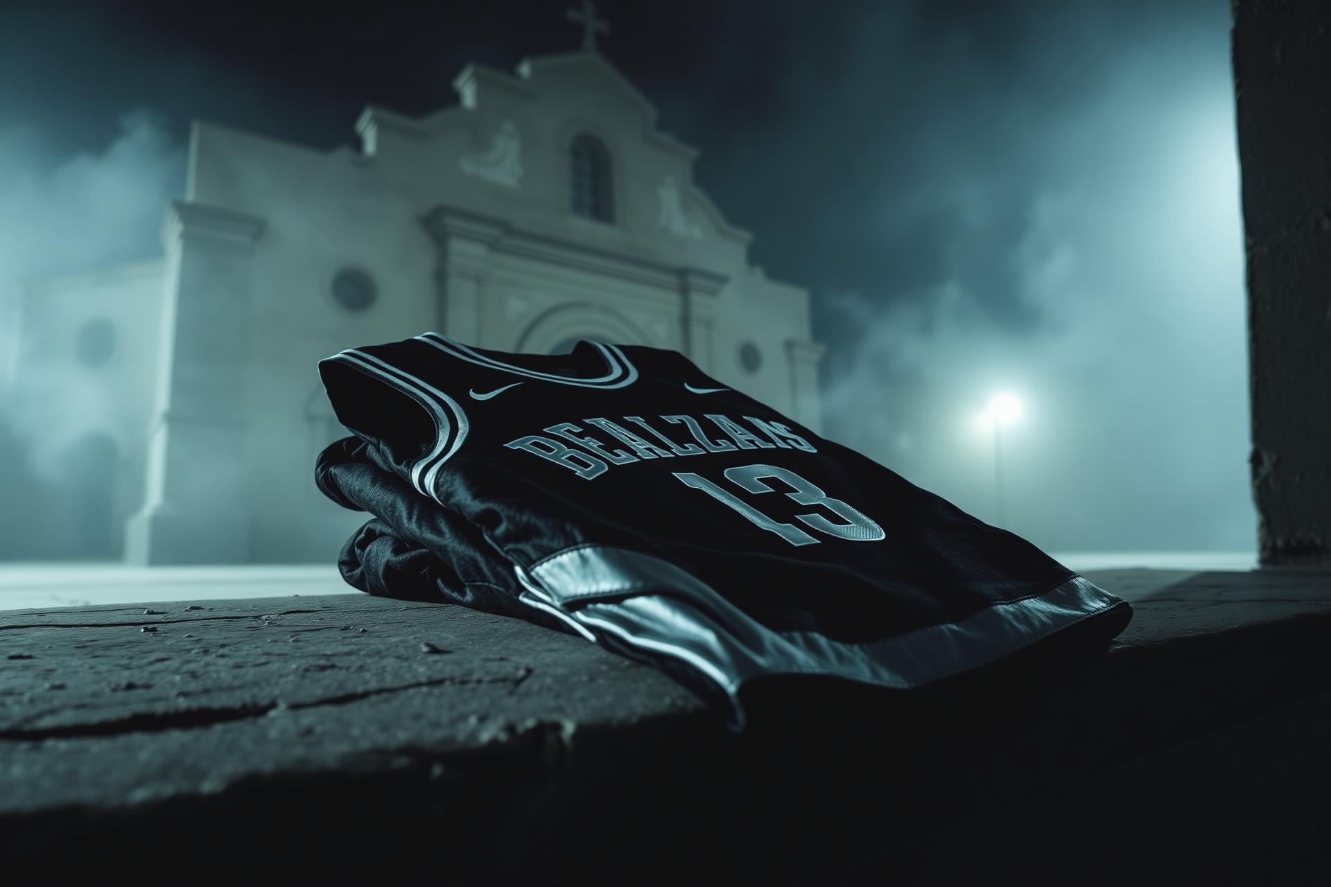 Black and silver Spurs jersey at a San Antonio mission