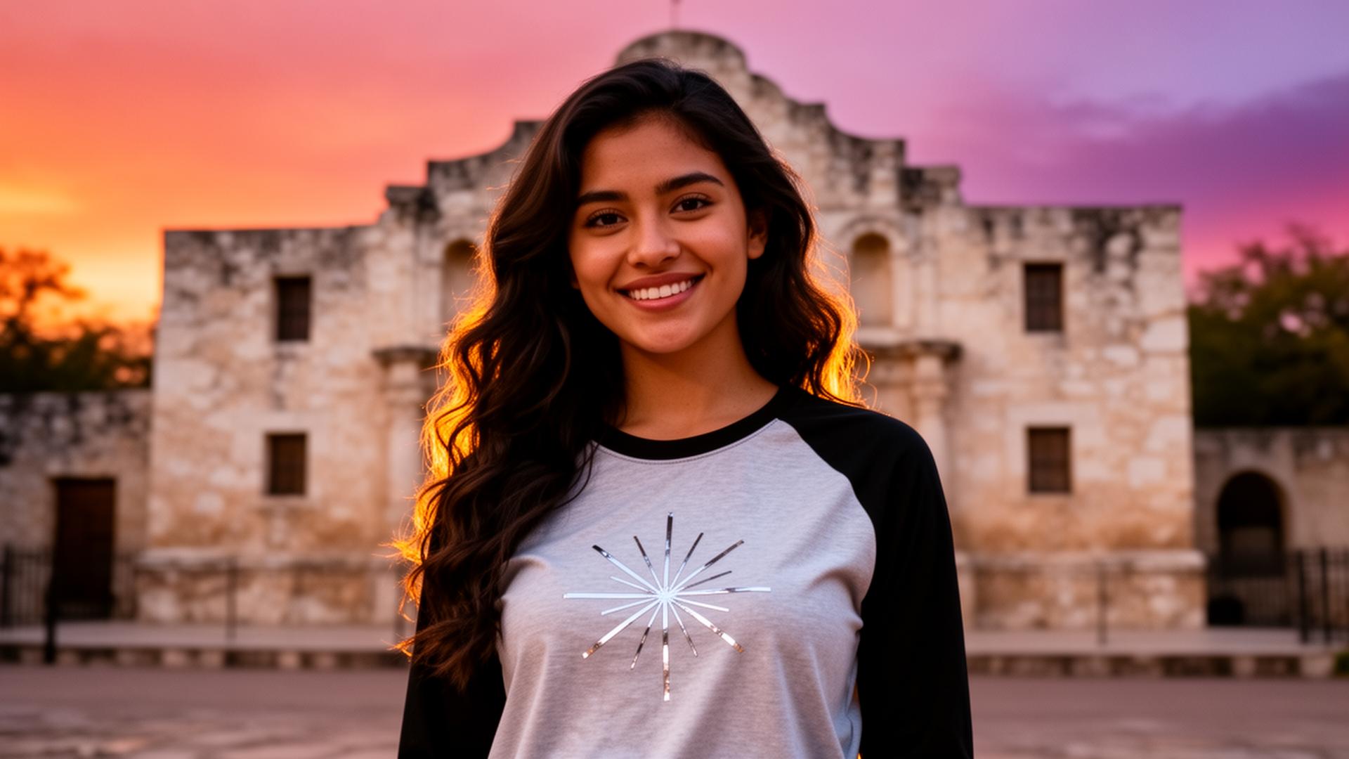 San Antonio local wearing Mission Hardwood silver & black tee in front of the Alamo at sunset